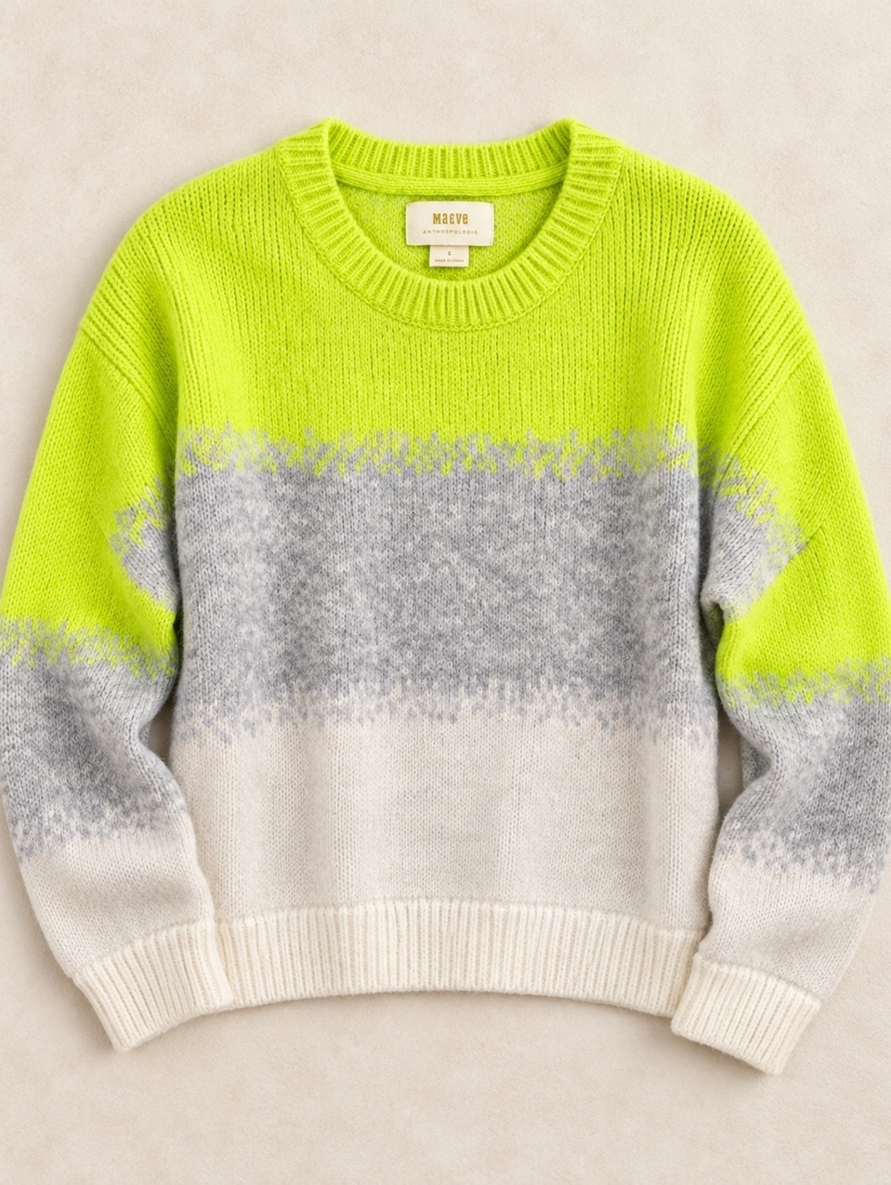 Maeve Colorblock Sweater Large Neon Yellow Gray White Cozy
